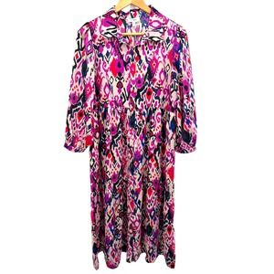 Umgee USA Ikat Geometric Print Tiered Shirt Dress Boho Button‎ Front S Western